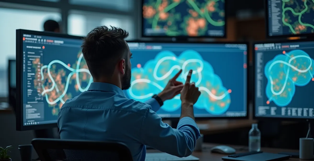 Centre de contrôle logistique avec écrans affichant des cartes de flux transport et systèmes d'alertes prédictives