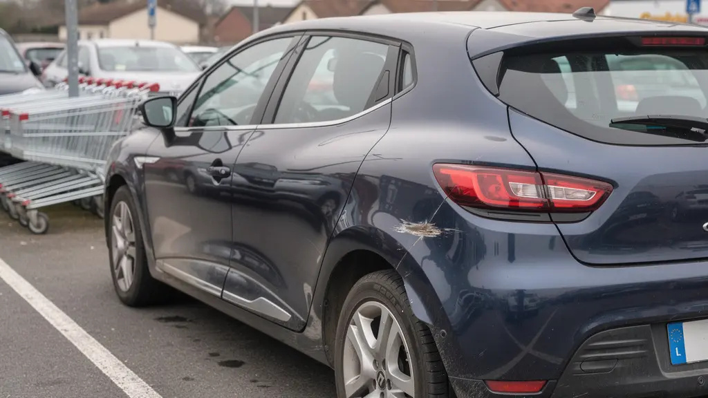 Voiture avec léger accrochage sur pare-chocs arrière dans un parking de supermarché