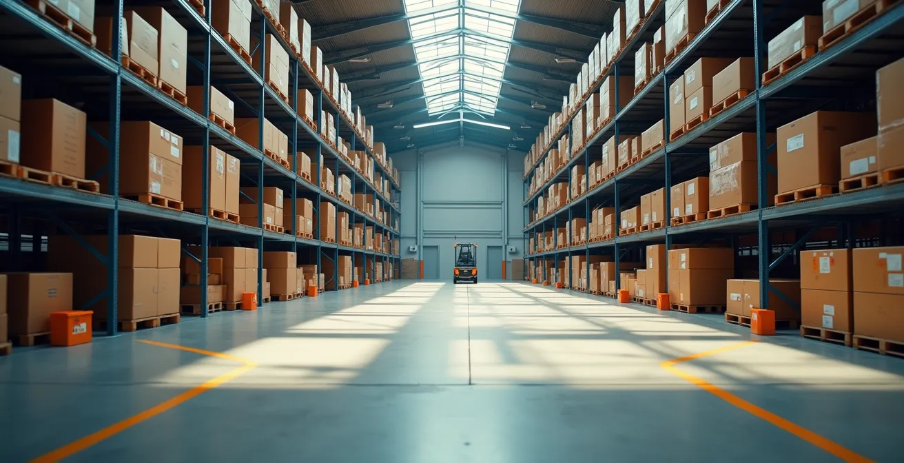 Zone de quarantaine dans un entrepôt avec marchandises triées et étiquetées, système de documentation visible